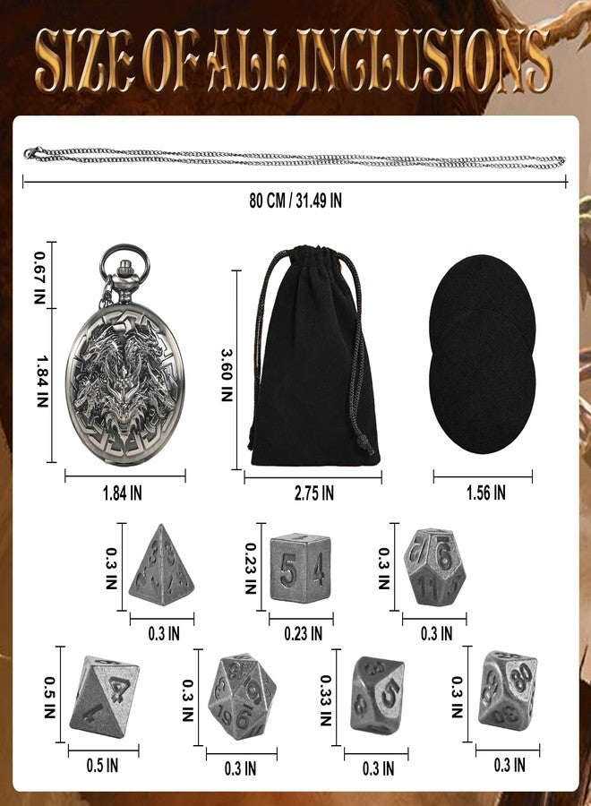 Kabinka DND Dice Set, 7pcs Mini Metal Dice with Pocket Watch Shell, Portable D&D with Necklace, Dungeons and Dragons Dice for RPG(Five-Headed Dragon, Ancient Silver) - Image 2